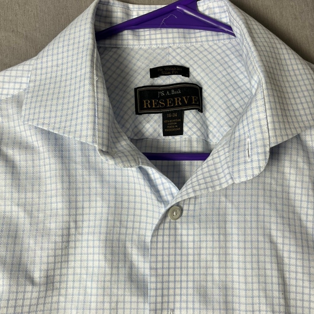 Jos. A. Bank Button-Down Mens 16-34 Reserve Slim Fit Light Blue Check EUC - Picture 2 of 11